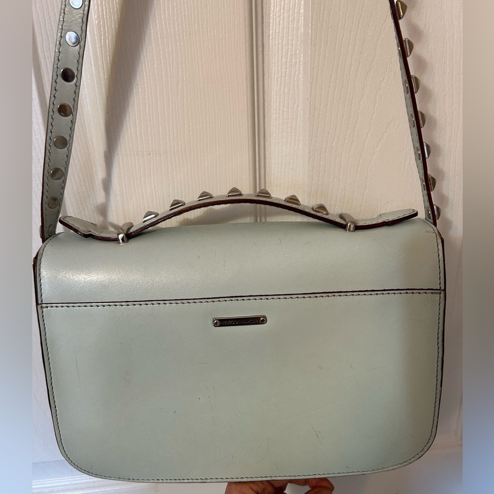 Rebecca Minkoff Pale Mint Leather Crossbody Bag with Studded Strap Top Handle - Picture 4 of 13